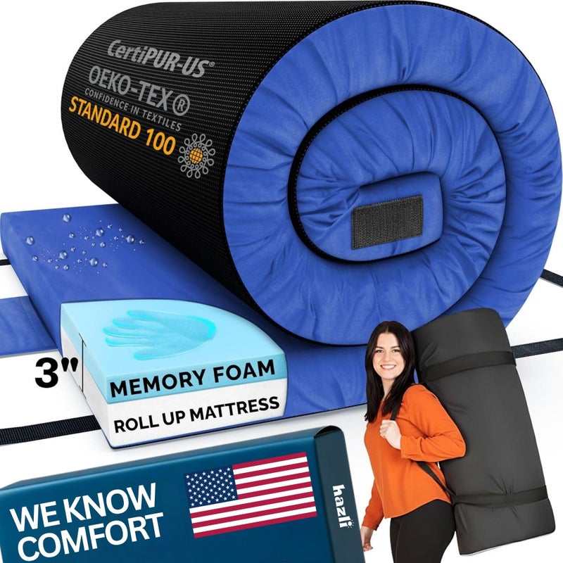 Hazli Matrix Comfort-Cell Memory Foam Camping Mattress Pad - Roll Up Mattress for Adults - Portable Cot Sleeping Pad for Camping -Floor Mat or Bed Roll for Car, SUV - Single 75"x30"x3" - Navy Blue - Image 1